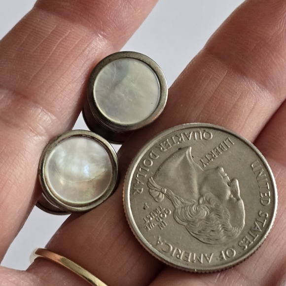 Vintage cuff links silver tone white mother of pearl shell inlay Silver snap - Picture 3 of 10